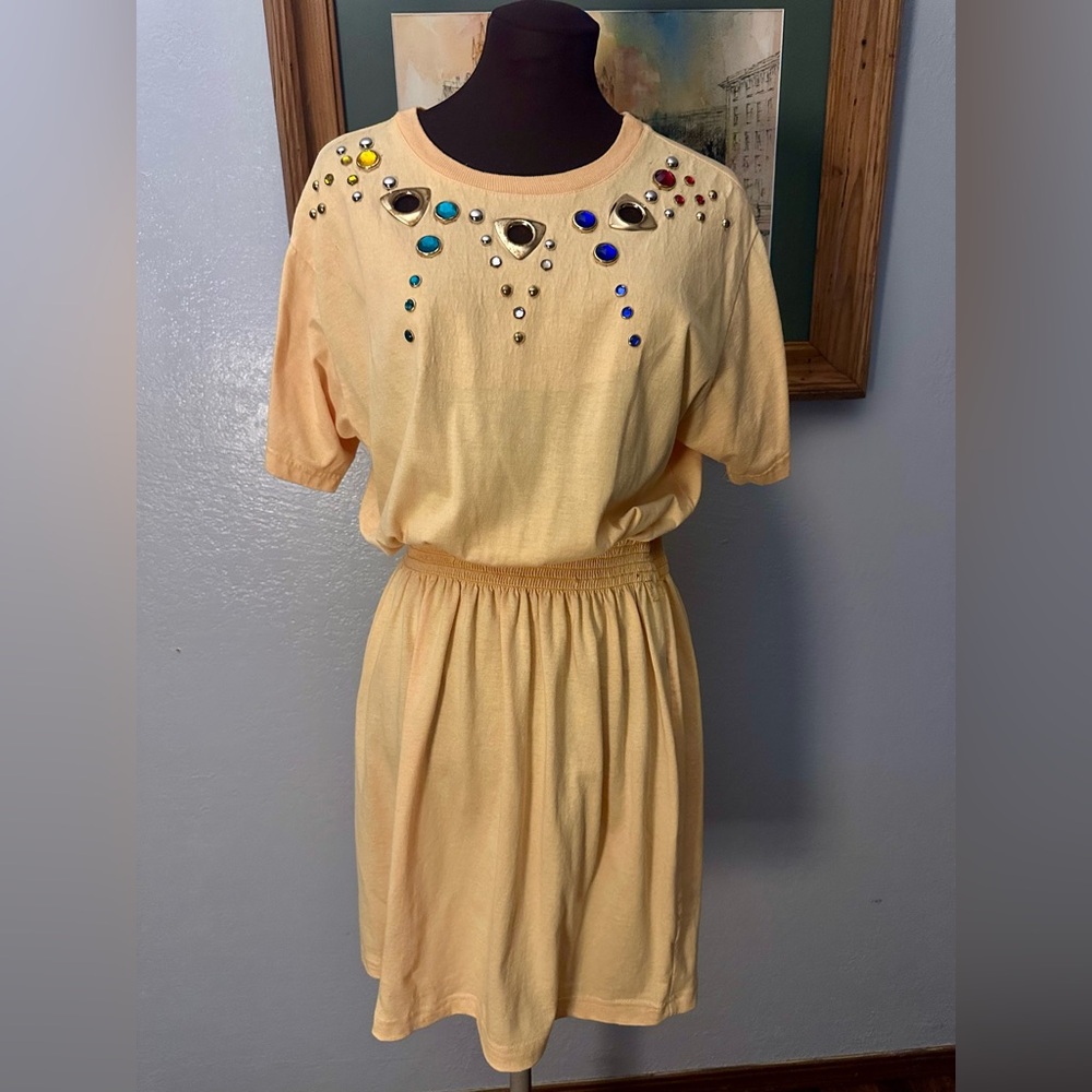 Vintage 1980s Yellow Studded Gem Embellished Cutout Dress S-M